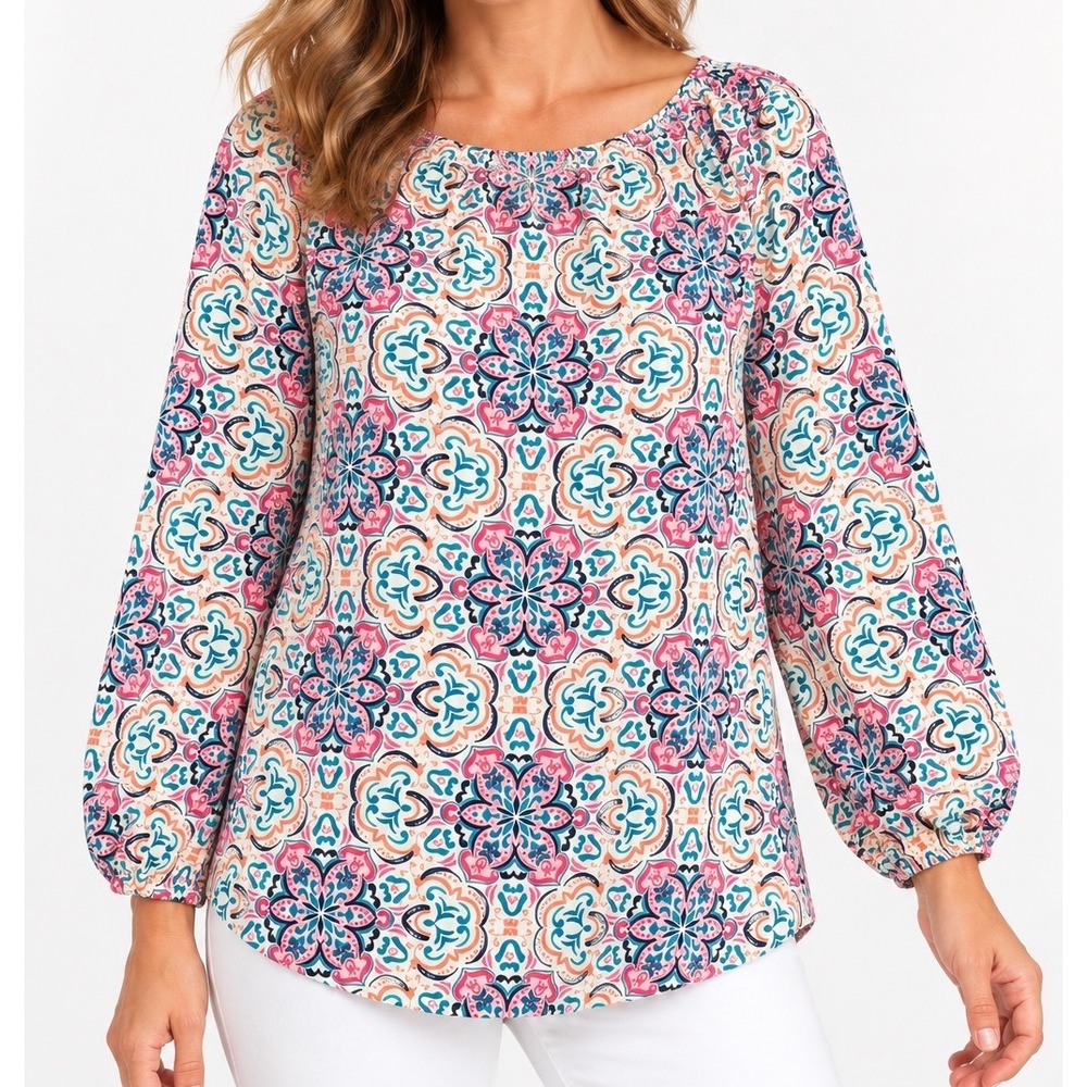 Denim & Co Womens Large Pink Blue Geometric Medallion Balloon Sleeve Blouse Top